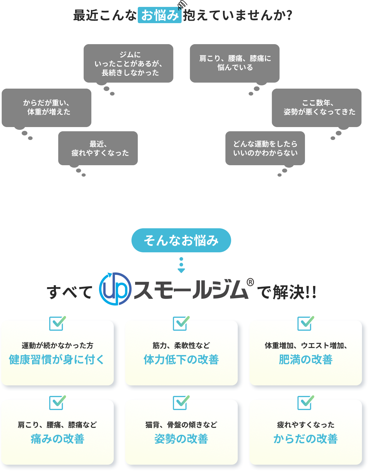 最近こんなお悩み 抱えていませんか? ジムにいったことがあるが、長続きしなかった からだが重い、 体重が増えた 最近、 疲れやすくなった 肩こり、腰痛、膝痛に悩んでいる ここ数年、 姿勢が悪くなってきた どんな運動をしたらいいのかわからない そんなお悩みすべてスモールジムで解決!! 免疫力を中心とした防衛体力の強化 筋力、柔軟性など体力低下の改善 体重増加、ウエスト増加、肥満の改善 肩こり、腰痛、膝痛など痛みの改善 猫背、骨盤の傾きなど姿勢の改善 疲れやすくなったからだの改善